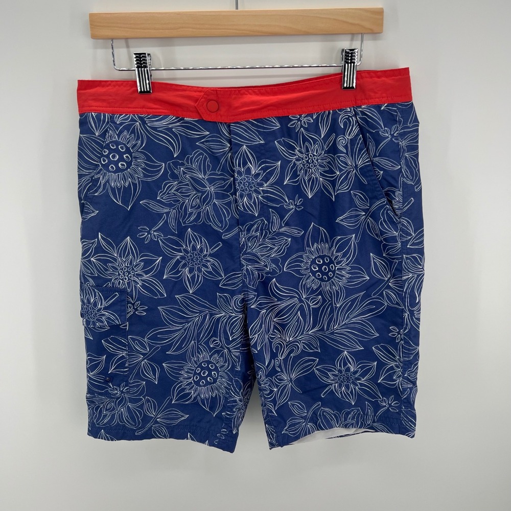 Boden Swim Trunks Mens 34 Blue Red Floral Board Shorts Mesh Liner Cargo Pocket
